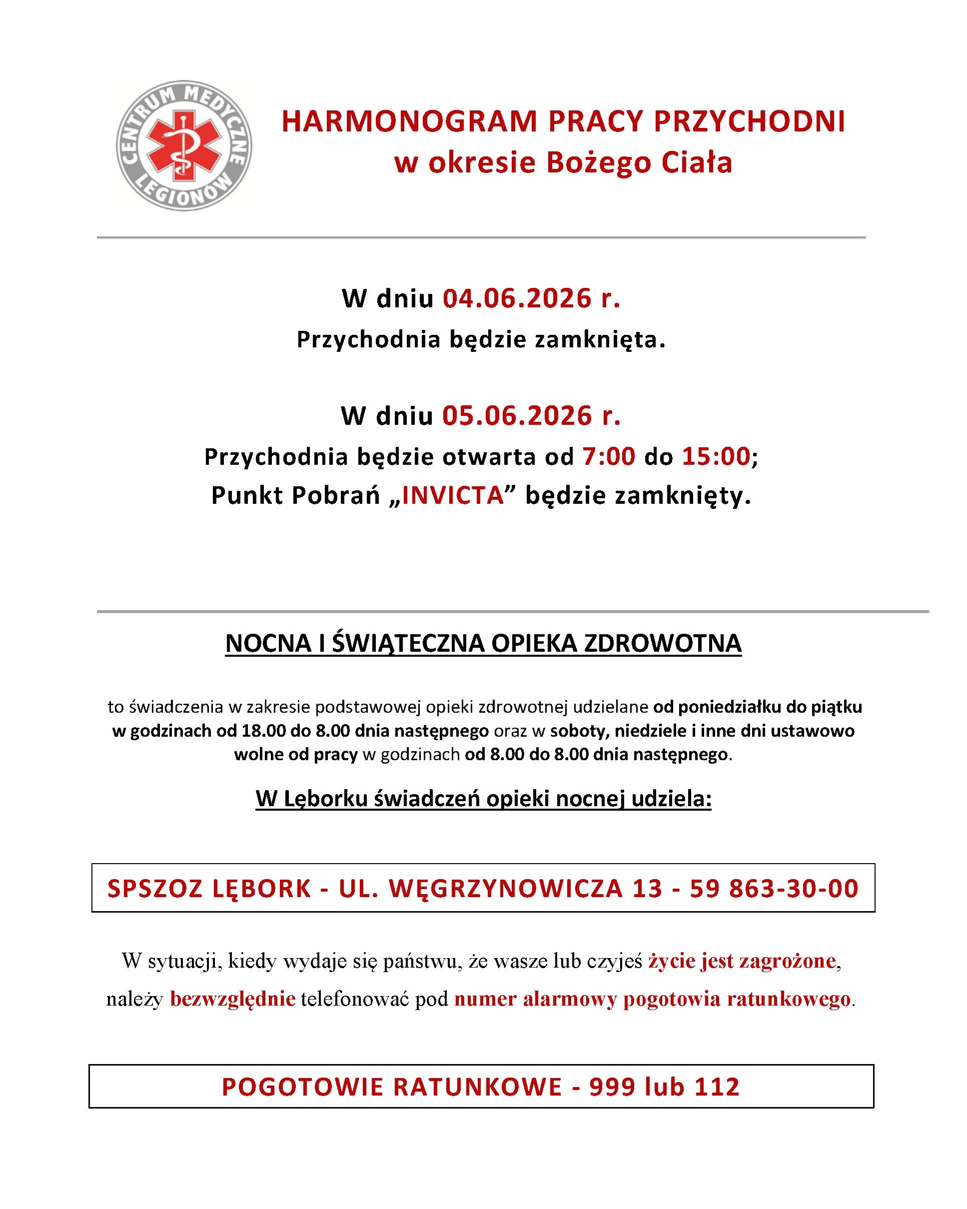 harmonogram boże ciało